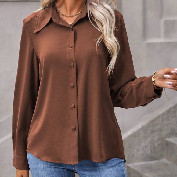 New brown button down long sleeve top - Picture 3 of 5